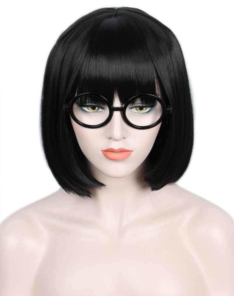 Linfairy Short Black Bob Fluffy Wig Halloween Cosplay Costume Wig for Women with Glasses Frames