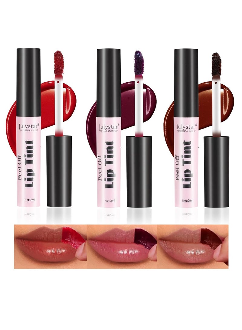 Julystar Peel Off Matte Lip Tint 3 Colors Long Lasting Lip Stain Peel Off Matte Tattoo Color Lip Gloss Waterproof Liquid Lipstick Non-Stick Cup Tinted Lip Stain (F, 3Pcs)  - Image 1