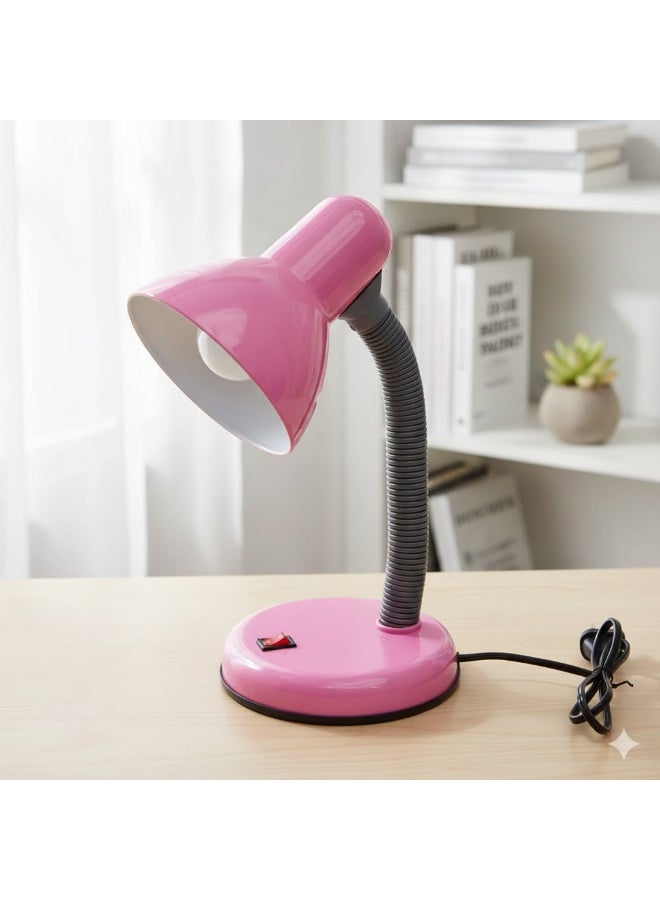 Flexible desk lamp with adjustable arm and round base, study and reading lighting, pink color