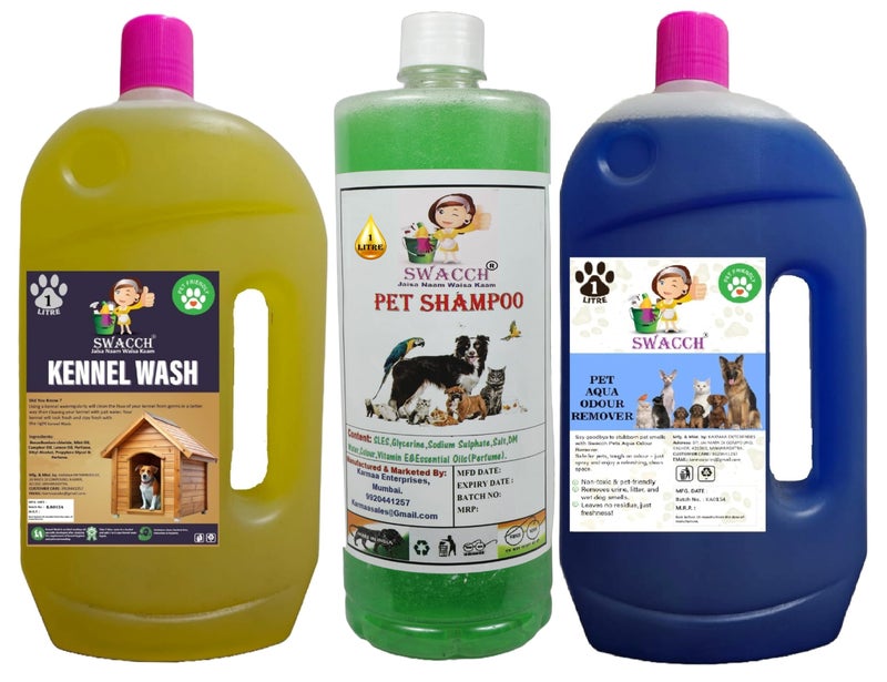 swacch Kennel Wash (Lemon) + Pet Shampoo (Neem Alovera) I Pet Aqua Odour Remover (Lavender) 1 Litre Combo Pack of 3 Economical Pack I Dog and Cat Friendly - Image 1