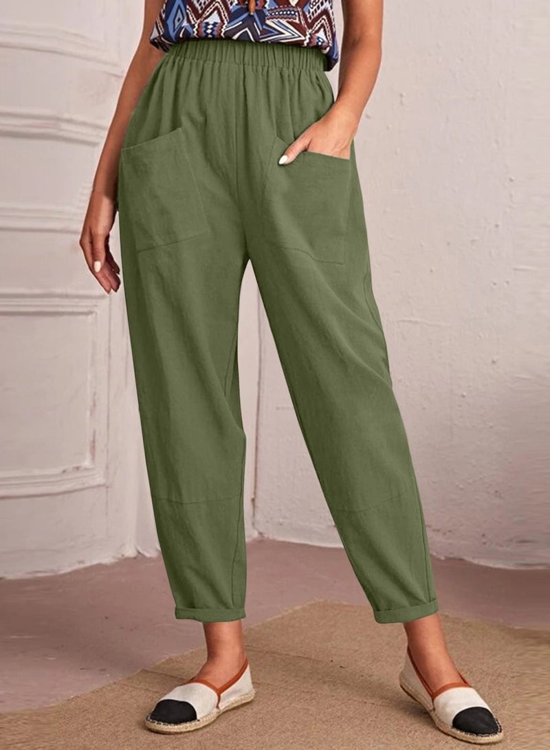 Loquat New Elastic Waist Cotton Oblique Pocket Nine Points Small Foot Leg Women's Pants 