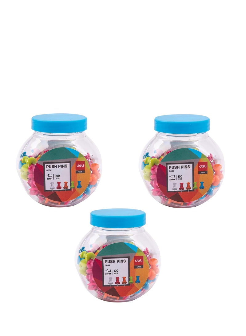 Deli Deli W0054 Color Push Pins, Multicolor (Pink, Orange, Blue, Lime, White), 100/Box, Pack of 3, Steel Pins (Set of 3, Multicolor)  - Image 1