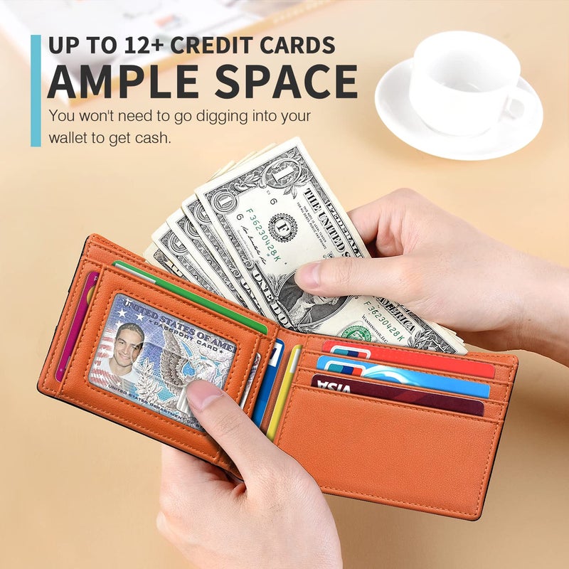 RUNBOX Bifold Slim Wallet for Men - Rfid Blocking Leather Front Pocket Men's Wallet with Gift Box Carbon Black and Orange - Image 2