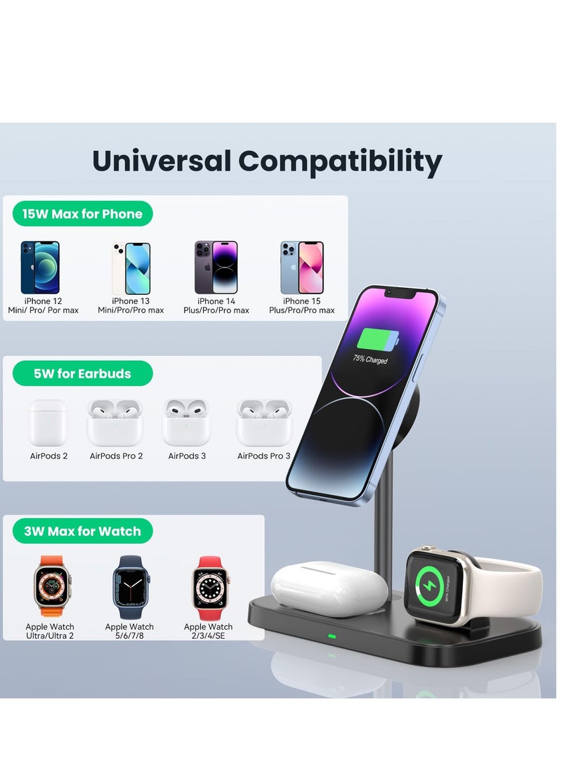 SYOSI 3 in 1 Wireless Charger Stand, for MagSafe Charger Stand, Charging Station for Multiple Apple Devices, Wireless Charging Station Compatible with iPhone 15/14/13/12 Series, iWatch AirPods (Black) - Image 5