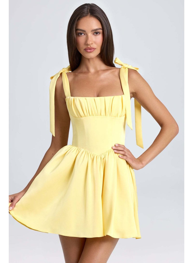 Women's Fashion Square Collar High Waist Pleated Patchwork Bow Sling Dress - Image 2