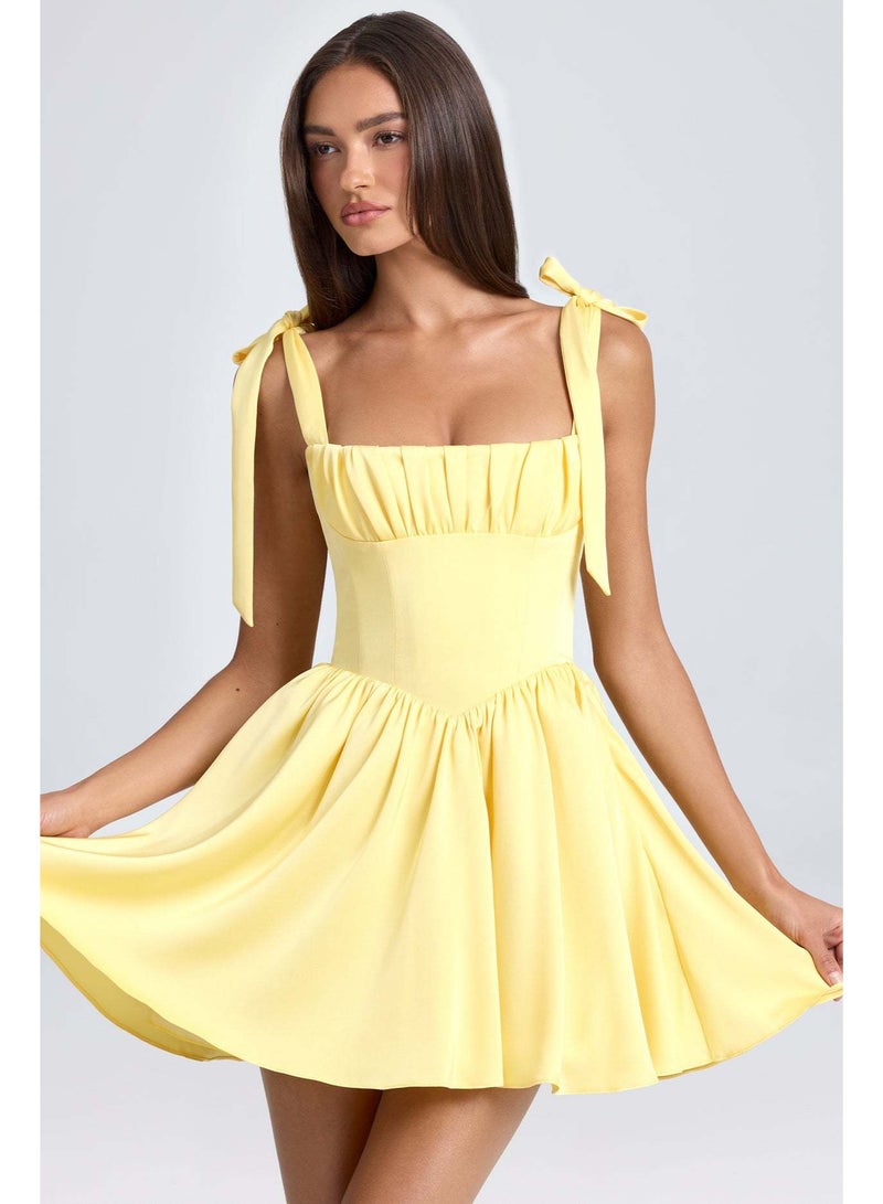 Women's Fashion Square Collar High Waist Pleated Patchwork Bow Sling Dress - Image 3