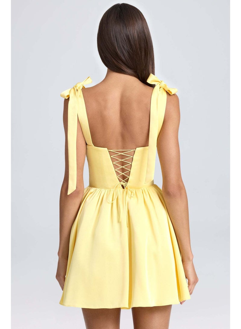 Women's Fashion Square Collar High Waist Pleated Patchwork Bow Sling Dress - Image 5