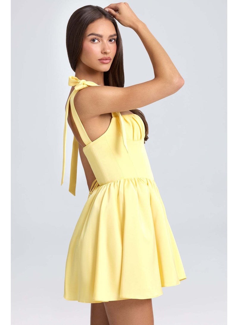 Women's Fashion Square Collar High Waist Pleated Patchwork Bow Sling Dress - Image 4