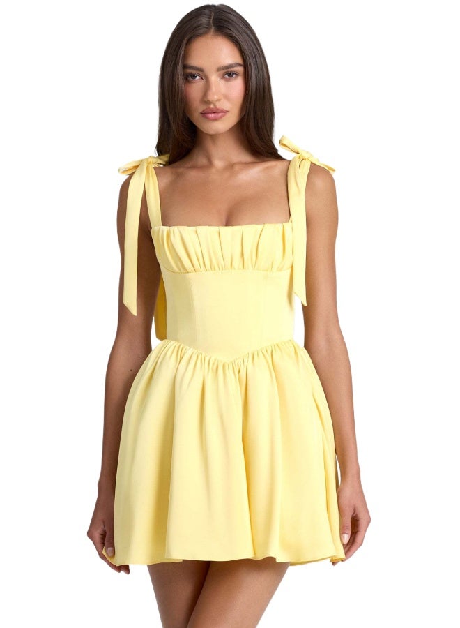 Women's Fashion Square Collar High Waist Pleated Patchwork Bow Sling Dress - Image 1