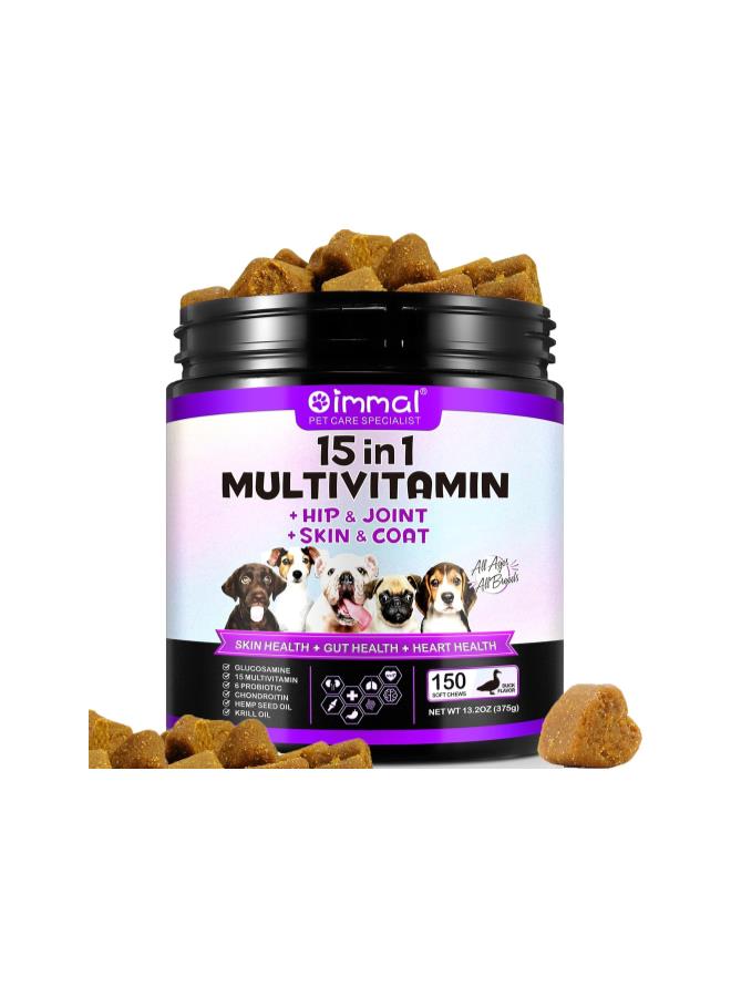 silvercnc 15 in 1 Multivitamin for Dogs, 150 Counts Dog Vitamins and Supplements for Joint Support, Digestion, Heart,Skin, Coat Care,Vitamins A, E, D3, B12, Duck Flavor - Image 1