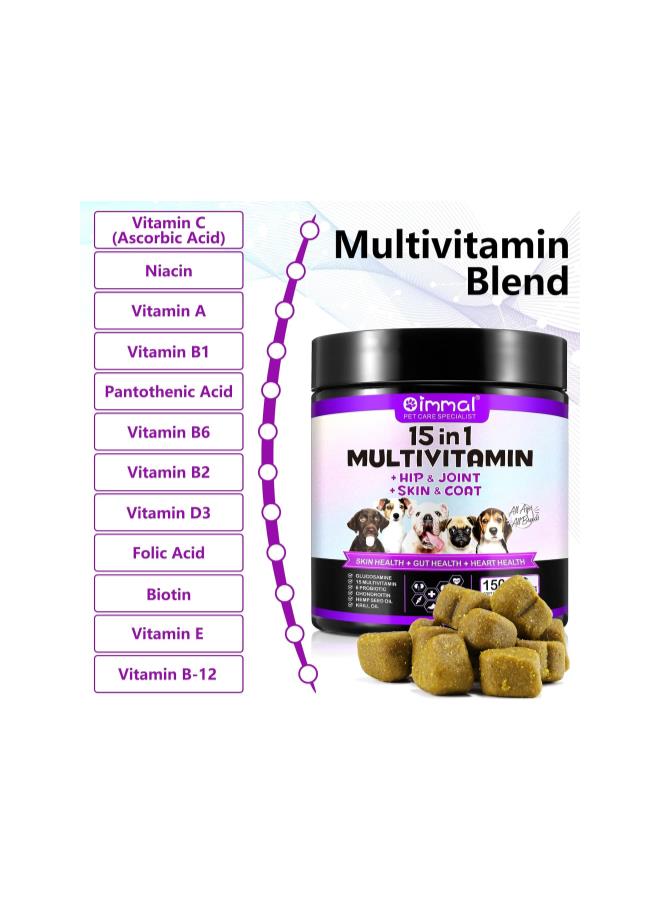silvercnc 15 in 1 Multivitamin for Dogs, 150 Counts Dog Vitamins and Supplements for Joint Support, Digestion, Heart,Skin, Coat Care,Vitamins A, E, D3, B12, Duck Flavor - Image 2