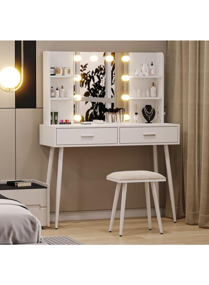 Bedroom dressing table, vanity table with 2 drawers and mirror, spacious countertop and multi-layer storage rack, dressing table with stool, perfect for bedroom and powder room (SZZ014) - Image 1