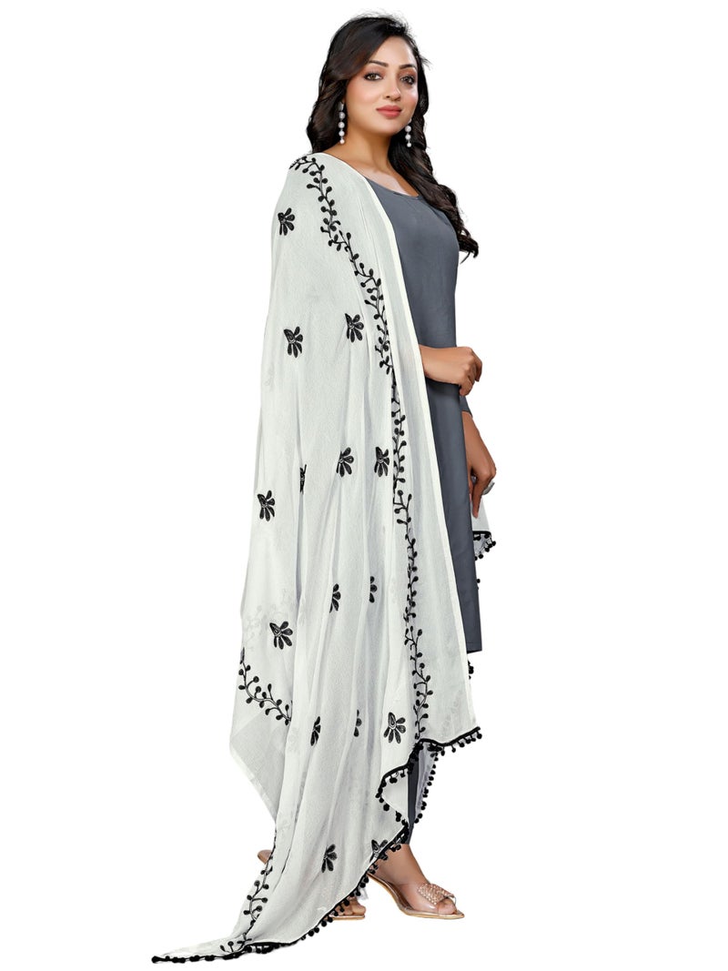 KEMZA Women's Chiffon Phulkari Floral Dupatta with Lace Border – Soft & Lightweight (WB) - Image 1