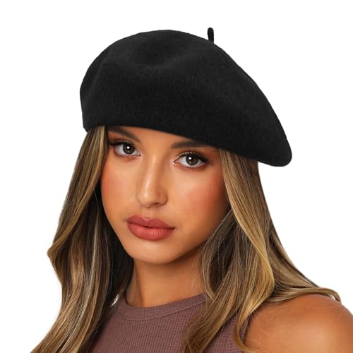 Sydbecs Wool Beret Hats for Women Ladies Girls, French Barret Hat Solid Color Style (Black) - Image 1