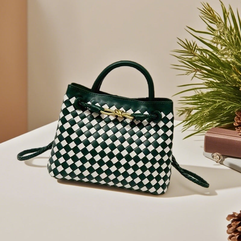 Large-Capacity Handbag, Personalized Hand-Woven Shoulder Crossbody Tote Bag, Commuter Fashion Cowhide Color Matching Tote Bag - Image 1