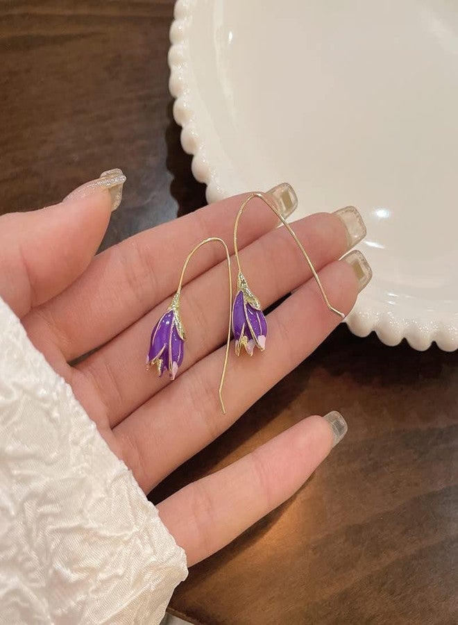 POYAMUSE Vintage Enamel Tulip Flower Earrings for Women - Elegant Tulip Floral Drop Earrings-pink purple - Image 3