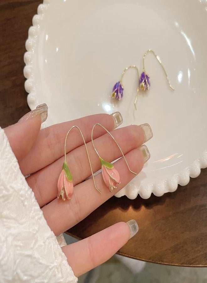 POYAMUSE Vintage Enamel Tulip Flower Earrings for Women - Elegant Tulip Floral Drop Earrings-pink purple - Image 2