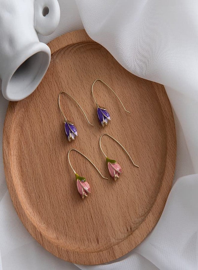 POYAMUSE Vintage Enamel Tulip Flower Earrings for Women - Elegant Tulip Floral Drop Earrings-pink purple - Image 5