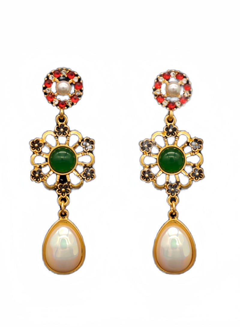 قلادة أذن مطلية بالذهب 18ك بتصميم فخم قديم مع زركون أحمر صغير وحجر زخرفي أخضر زاهي ولؤلؤ قطري أبيض - Image 3