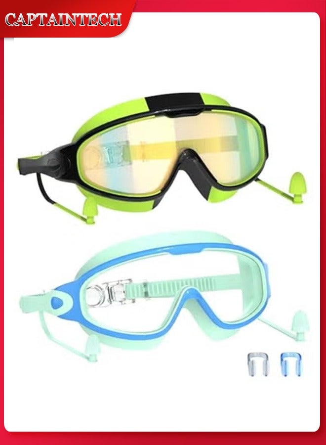 Captaintech Swim Goggles for Kids 3-15 with Earplugs Large Frame Anti-Fog/UV Swimming Goggles for Boys Girls Toddler 2PCS - Image 1