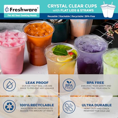 Freshware Clear Plastic Cups with Flat Lids and Straws [100 Cups - 20 oz] Disposable Tumblers for Iced Coffee, Smoothie, Milkshake, Cold Drinks - Image 3