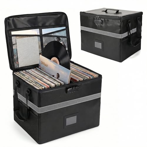 Calenzana Vinyl Record Storage Box with Lock Fireproof Water Resistant Record Organizer for 150 Single Records 12inch Collapsible Crate Box for Valuable Album 167 x 132 x 134 - Image 1
