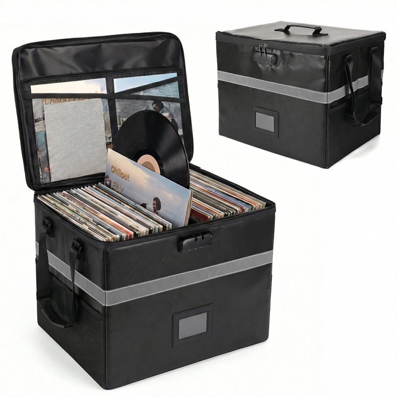Calenzana Vinyl Record Storage Box with Lock Fireproof Water Resistant Record Organizer for 150 Single Records 12inch Collapsible Crate Box for Valuable Album 167 x 132 x 134 - Image 2