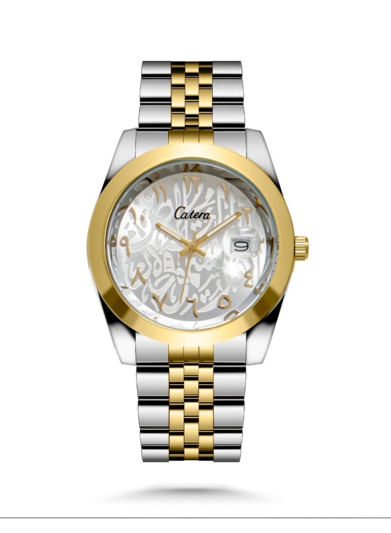 كاتيرا ساعة يد رجالية ضد الماء و بجودة عالية ستيل بزخارف عربية - سوار فضي وذهبي  مع ميناء أبيض