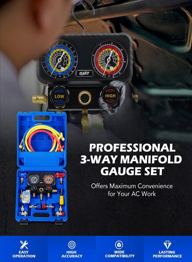 Orion Motor Tech AC Gauges, 3 Way Manifold Gauge Set for R1234yf R134a R404a Refrigerant, Automotive Gauge Set with Hoses Quick Couplers Self Sealing Can Taps for Car Freon Charging & Evacuation - Image 2