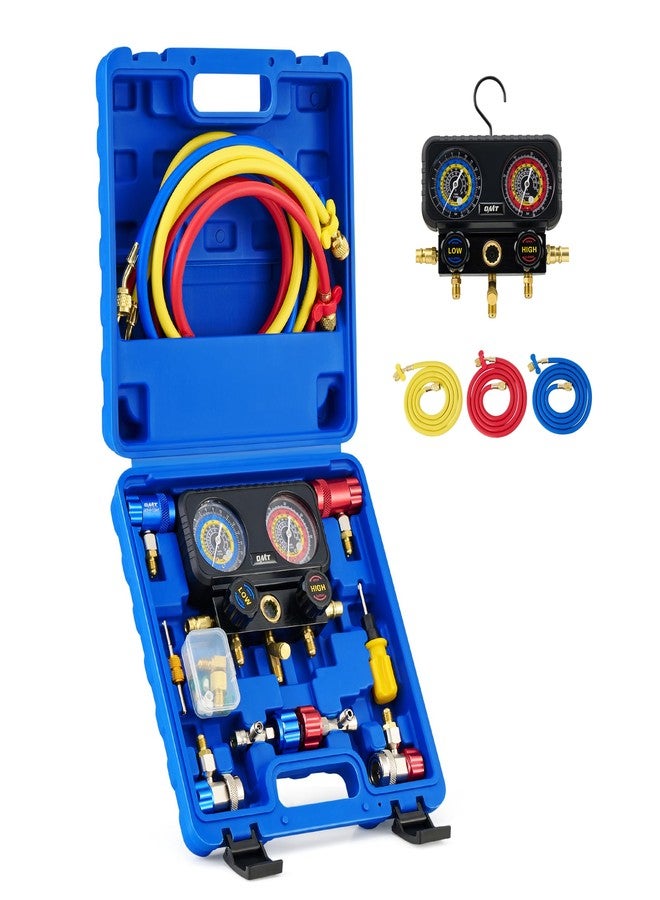 Orion Motor Tech AC Gauges, 3 Way Manifold Gauge Set for R1234yf R134a R404a Refrigerant, Automotive Gauge Set with Hoses Quick Couplers Self Sealing Can Taps for Car Freon Charging & Evacuation - Image 1
