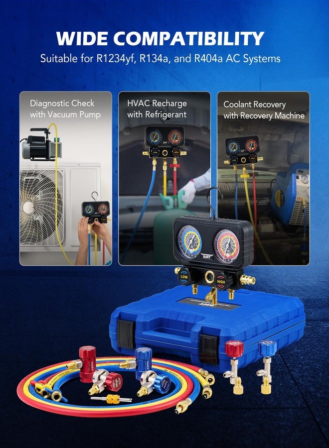 Orion Motor Tech AC Gauges, 3 Way Manifold Gauge Set for R1234yf R134a R404a Refrigerant, Automotive Gauge Set with Hoses Quick Couplers Self Sealing Can Taps for Car Freon Charging & Evacuation - Image 5