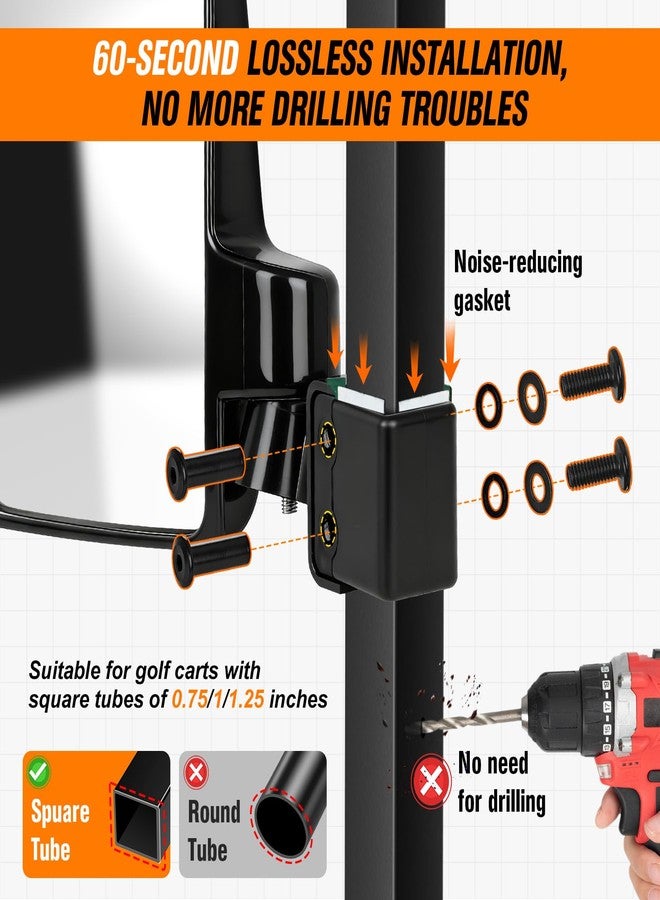 GODCTSUP Golf Cart Mirrors, No Drilling Golf Cart Side Mirrors for Club Car EZGO YAMAHA and Others Square Tube Carts Roof Bracket(0.75/1/1.25 inch), Durable Anti-Shudder, 180 Degree Rotation - Image 4