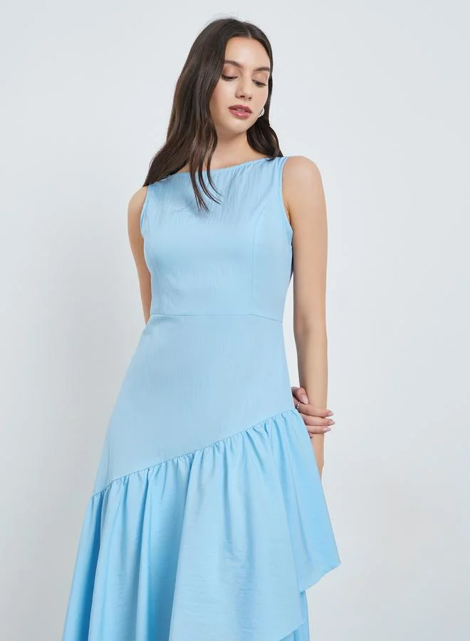 Take Two Blue Sleeveless Ruffle Hem Midi Dress