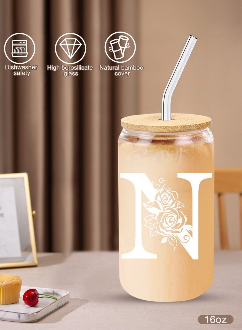DAMCONME Birthday Gifts for Ladies, Monogrammed Initial Glass Cup Personalized Gifts for Women, 16oz Glass Cups with Lids and Straws, Iced Coffee Cup - Gifts for Birthday,N - Image 5