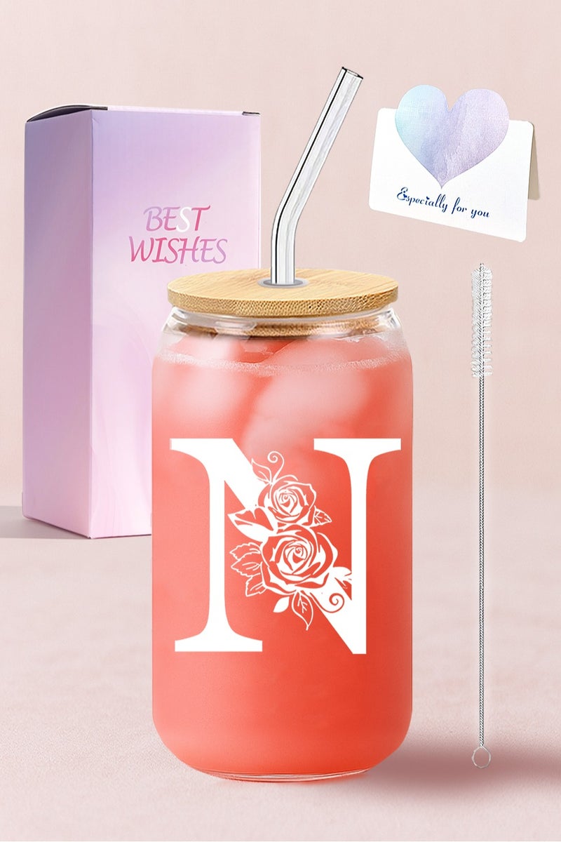 DAMCONME Birthday Gifts for Ladies, Monogrammed Initial Glass Cup Personalized Gifts for Women, 16oz Glass Cups with Lids and Straws, Iced Coffee Cup - Gifts for Birthday,N - Image 1