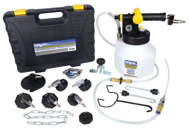 Mityvac MV7840 Hydraulic Brake and Clutch Pressure Brake Bleeding Kit AirOperated 25 Quart Reservoir MVA575 Flex Hose with Control ValveWand Isolated Flow Control Master Cylinder Adapter Kit