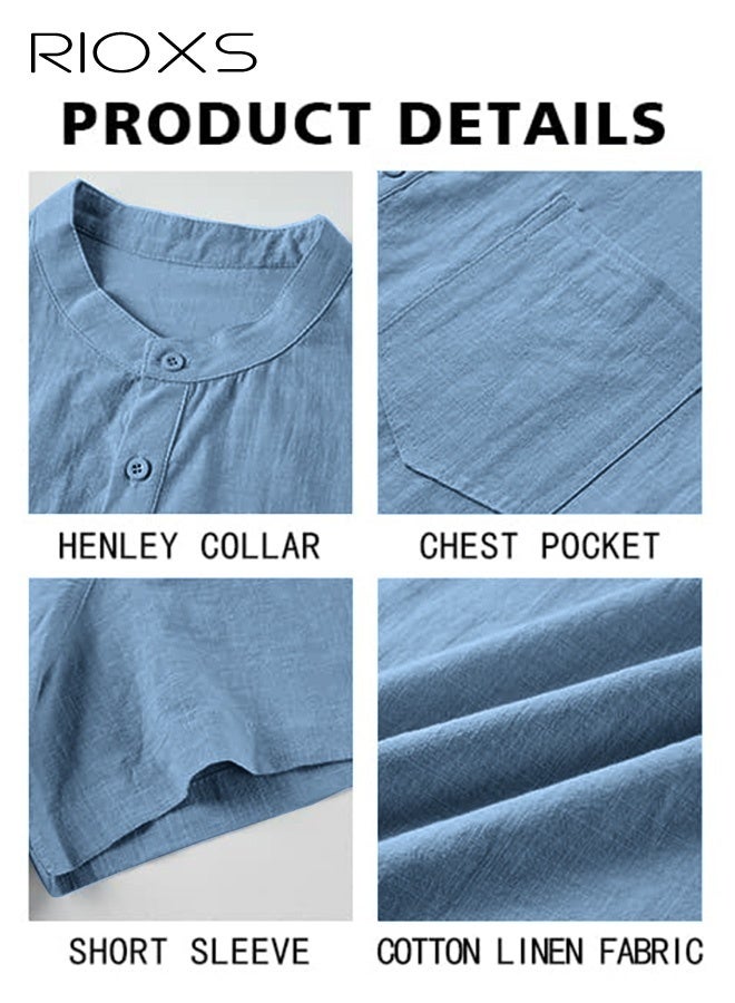 RIOXS Men's Short Sleeve Shirts, Casual Loose Fit Button-Up V-Neck Henley Shirts, Solid Color SummerBeach Shirts, Casual, Comfy Breathabel Mens Dress Shirts Wrinkle Free Summer Tops for Hawaiian Office Or Daily Wear, Blue - Image 5