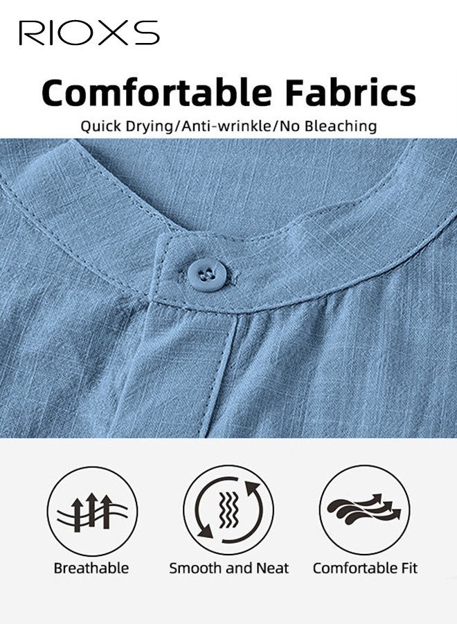 RIOXS Men's Short Sleeve Shirts, Casual Loose Fit Button-Up V-Neck Henley Shirts, Solid Color SummerBeach Shirts, Casual, Comfy Breathabel Mens Dress Shirts Wrinkle Free Summer Tops for Hawaiian Office Or Daily Wear, Blue - Image 4