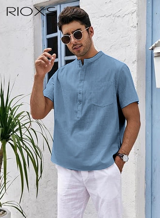 RIOXS Men's Short Sleeve Shirts, Casual Loose Fit Button-Up V-Neck Henley Shirts, Solid Color SummerBeach Shirts, Casual, Comfy Breathabel Mens Dress Shirts Wrinkle Free Summer Tops for Hawaiian Office Or Daily Wear, Blue - Image 1