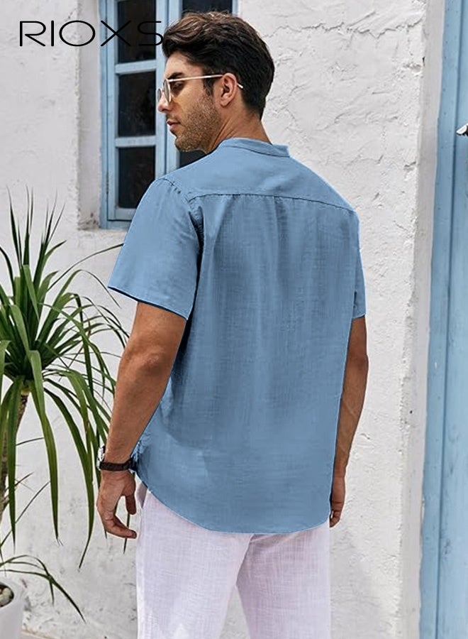 RIOXS Men's Short Sleeve Shirts, Casual Loose Fit Button-Up V-Neck Henley Shirts, Solid Color SummerBeach Shirts, Casual, Comfy Breathabel Mens Dress Shirts Wrinkle Free Summer Tops for Hawaiian Office Or Daily Wear, Blue - Image 2