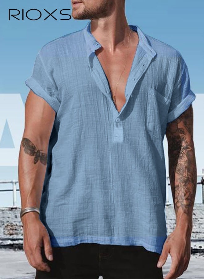 RIOXS Men's Short Sleeve Shirts, Casual Loose Fit Button-Up V-Neck Henley Shirts, Solid Color SummerBeach Shirts, Casual, Comfy Breathabel Mens Dress Shirts Wrinkle Free Summer Tops for Hawaiian Office Or Daily Wear, Blue - Image 3