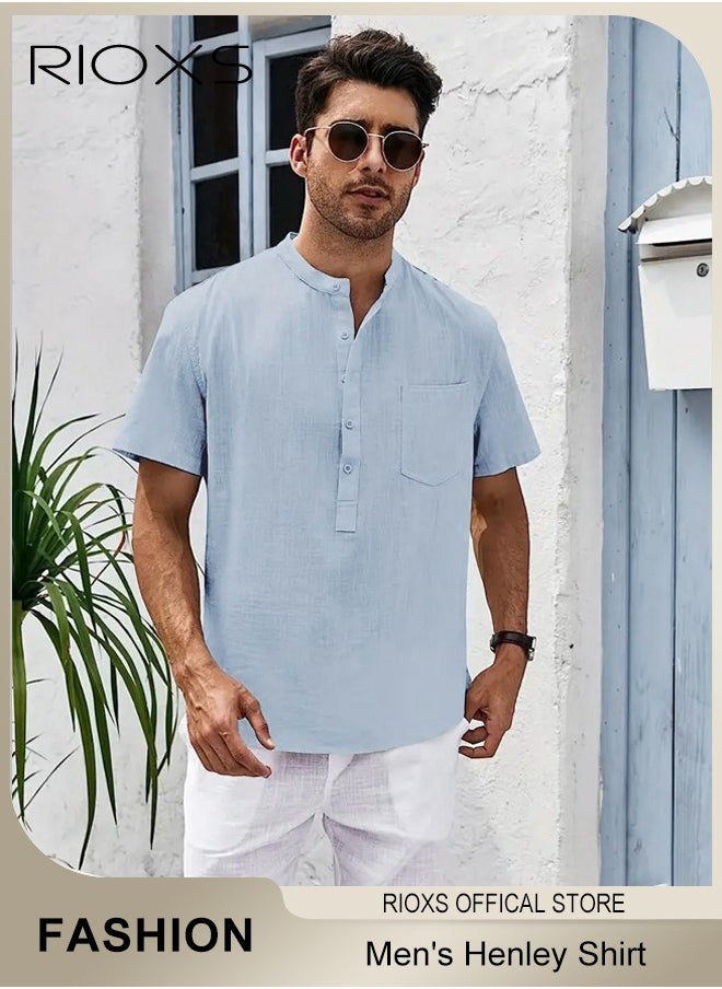 RIOXS - Men's Shirts, Button-Up Short Sleeve Top, Solid Color V-Neck Henley Shirts, Summer Loose Shirt, Casual Beach Shirts For Men, Comfy Mens Dress Shirts Tops For Hawaiian Office Or Daily Wear - Image 1
