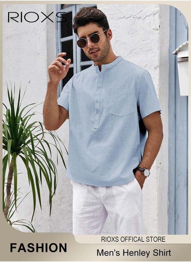 RIOXS - Men's Shirts, Button-Up Short Sleeve Top, Solid Color V-Neck Henley Shirts, Summer Loose Shirt, Casual Beach Shirts For Men, Comfy Mens Dress Shirts Tops For Hawaiian Office Or Daily Wear - Image 1