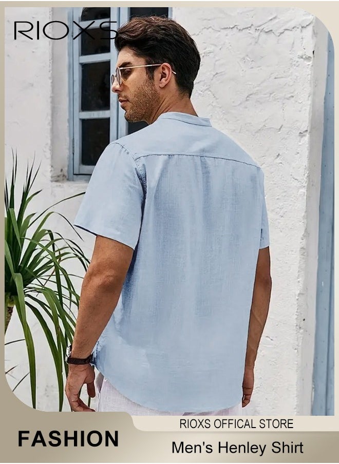 RIOXS - Men's Shirts, Button-Up Short Sleeve Top, Solid Color V-Neck Henley Shirts, Summer Loose Shirt, Casual Beach Shirts For Men, Comfy Mens Dress Shirts Tops For Hawaiian Office Or Daily Wear - Image 1