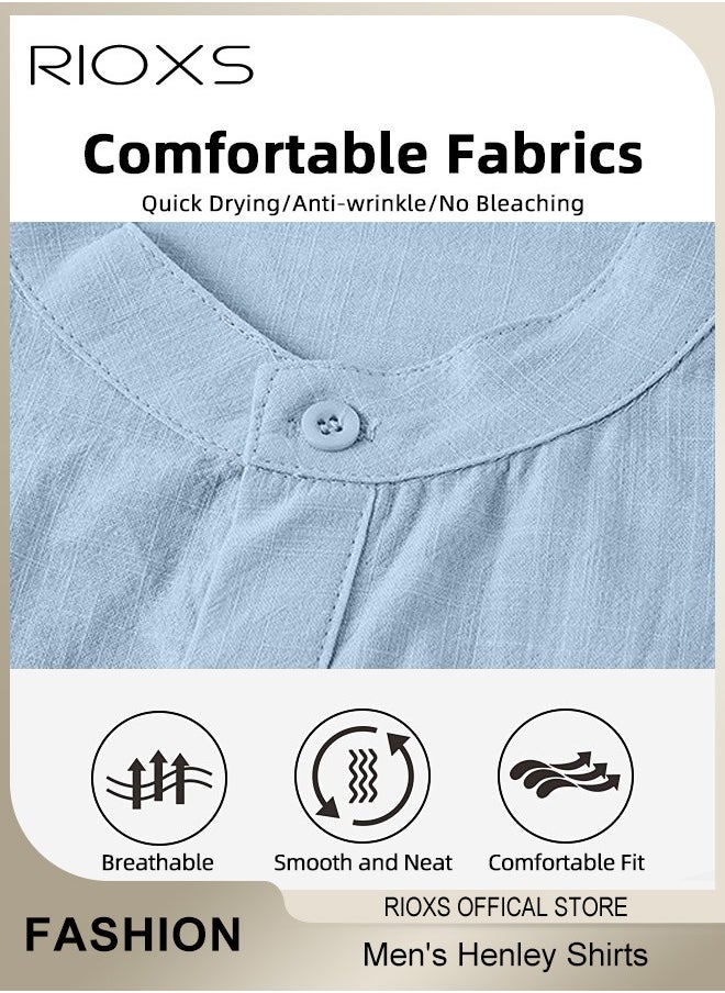 RIOXS - Men's Shirts, Button-Up Short Sleeve Top, Solid Color V-Neck Henley Shirts, Summer Loose Shirt, Casual Beach Shirts For Men, Comfy Mens Dress Shirts Tops For Hawaiian Office Or Daily Wear - Image 1