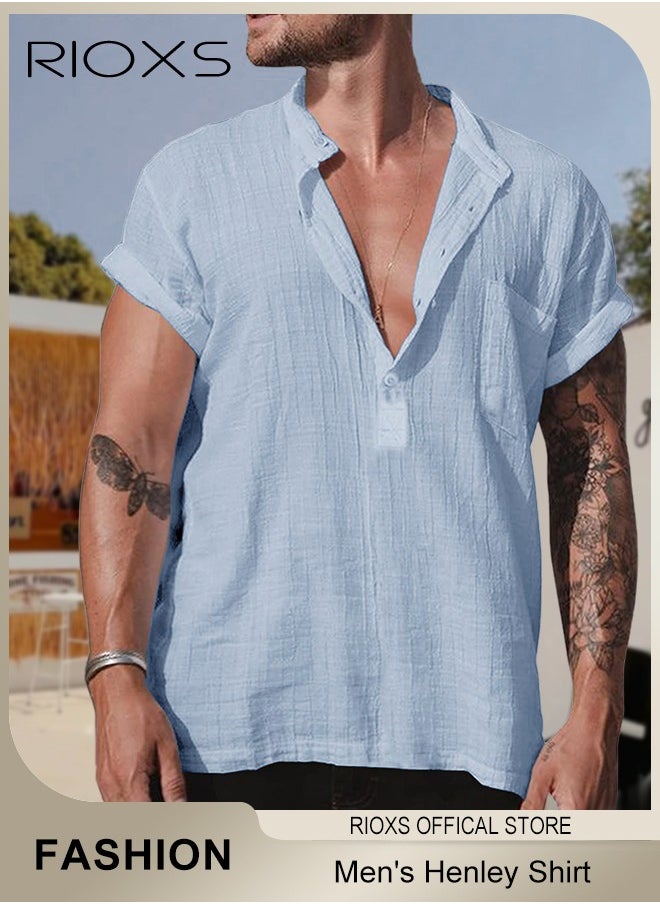RIOXS - Men's Shirts, Button-Up Short Sleeve Top, Solid Color V-Neck Henley Shirts, Summer Loose Shirt, Casual Beach Shirts For Men, Comfy Mens Dress Shirts Tops For Hawaiian Office Or Daily Wear - Image 1