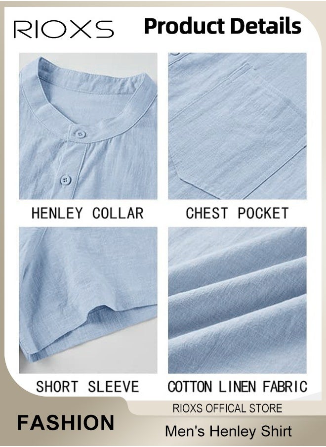 RIOXS - Men's Shirts, Button-Up Short Sleeve Top, Solid Color V-Neck Henley Shirts, Summer Loose Shirt, Casual Beach Shirts For Men, Comfy Mens Dress Shirts Tops For Hawaiian Office Or Daily Wear - Image 1
