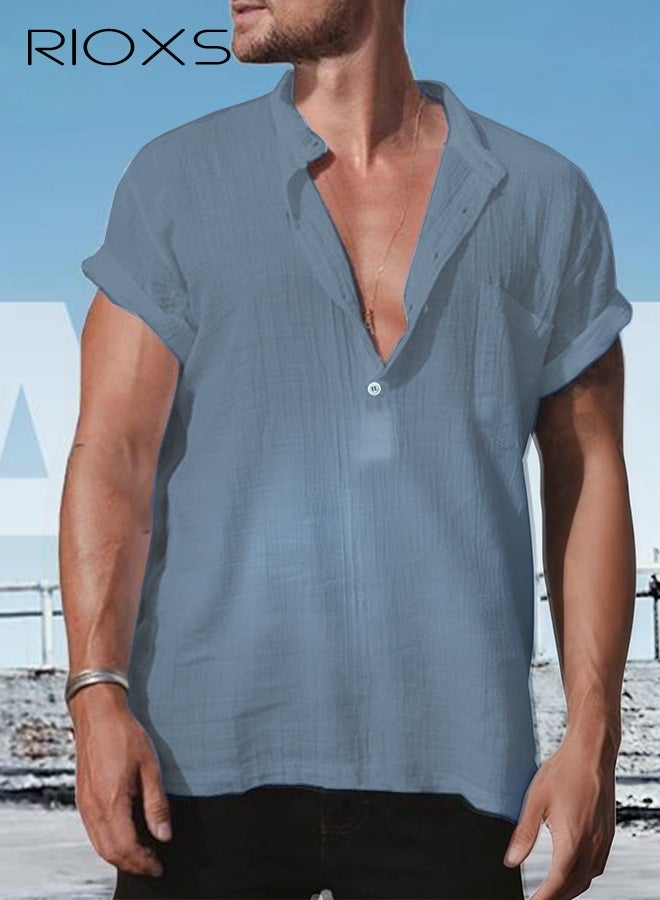 ريوكس قمصان رجالية بأكمام قصيرة، قمصان هنلي كاجوال فضفاضة بأزرار وياقة على شكل V، قمصان صيفية بلون موحد، قمصان رجالية كاجوال ومريحة وقابلة للتنفس، قمصان صيفية خالية من التجاعيد للمكتب أو للارتداء اليومي، زرقاء - Image 4