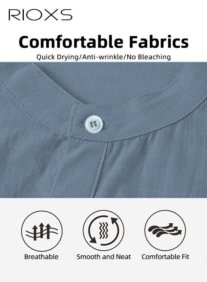 ريوكس قمصان رجالية بأكمام قصيرة، قمصان هنلي كاجوال فضفاضة بأزرار وياقة على شكل V، قمصان صيفية بلون موحد، قمصان رجالية كاجوال ومريحة وقابلة للتنفس، قمصان صيفية خالية من التجاعيد للمكتب أو للارتداء اليومي، زرقاء - Image 5