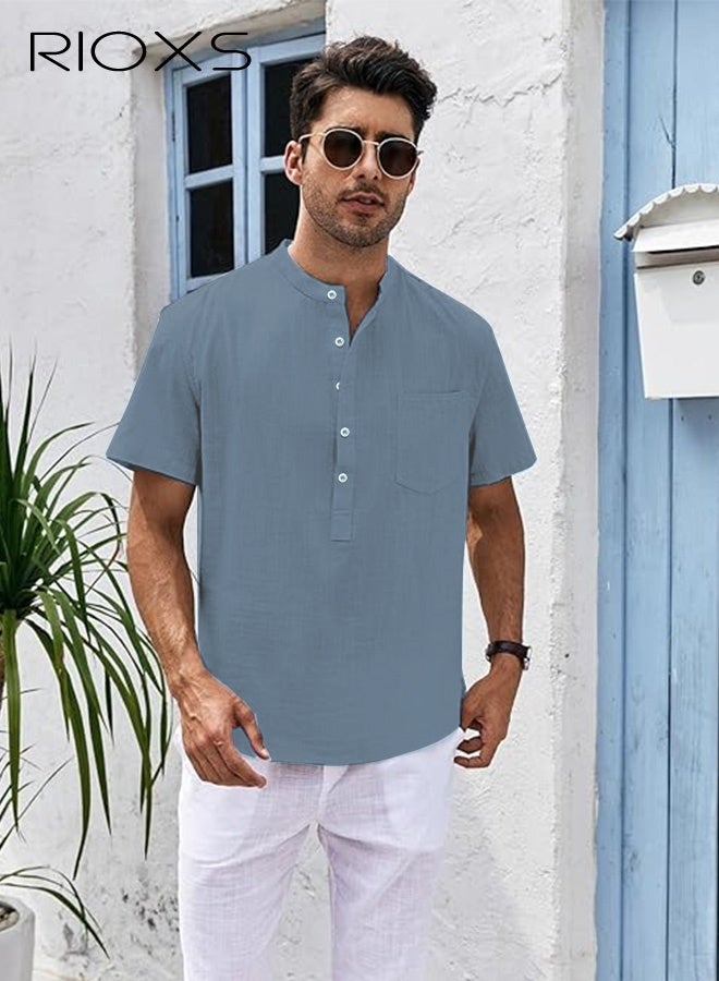 ريوكس قمصان رجالية بأكمام قصيرة، قمصان هنلي كاجوال فضفاضة بأزرار وياقة على شكل V، قمصان صيفية بلون موحد، قمصان رجالية كاجوال ومريحة وقابلة للتنفس، قمصان صيفية خالية من التجاعيد للمكتب أو للارتداء اليومي، زرقاء - Image 1